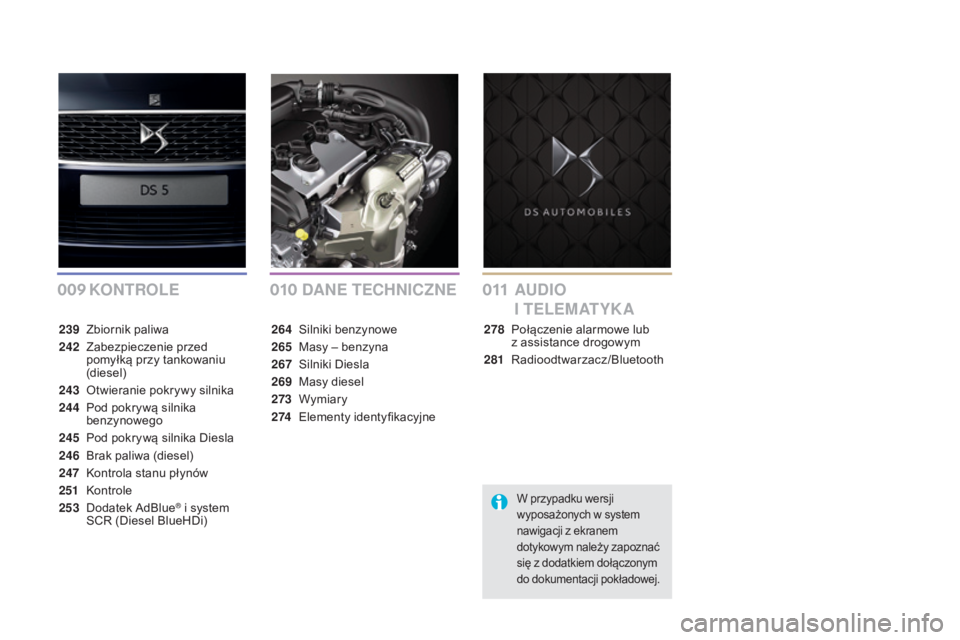 CITROEN DS5 2016  Instrukcja obsługi (in Polish) 009010011
DS5_pl_Chap00a_sommaire_ed02-2015
KONTROLE DANE TECHNICZNEAUDIO  
I

 TELEMATYKA
239 Zbiornik paliwa
242
 Z

abezpieczenie przed 
pomyłką przy tankowaniu 
(diesel)
243
 O

twieranie pokryw