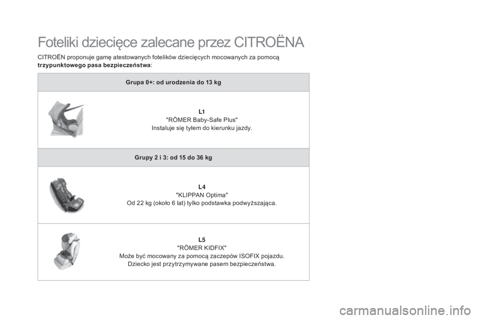 CITROEN DS5 2015  Instrukcja obsługi (in Polish) DS5_pl_Chap06_securite-enfants_ed01-2015
Grupa 0+: od urodzenia do 13 kg
L1 
"RÖMER Baby-Safe Plus"
Instaluje się tyłem do kierunku jazdy.
Grupy 2 i 3: od 15 do 36 kg L4 
"KLIPPAN Optim