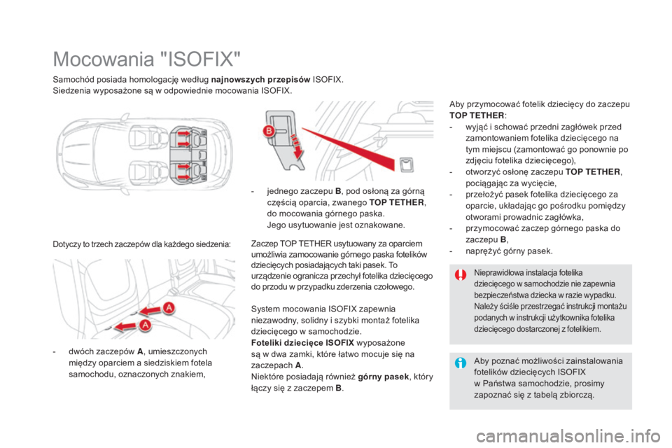 CITROEN DS5 2015  Instrukcja obsługi (in Polish) DS5_pl_Chap06_securite-enfants_ed01-2015
Samochód posiada homologację według najnowszych przepisów ISOFIX.
Siedzenia wyposażone są w odpowiednie mocowania ISOFIX.
Mocowania "ISOFIX"
- dw