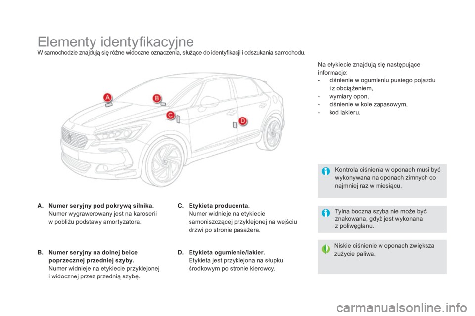 CITROEN DS5 2015 Instrukcja obsługi (in Polish) DS5_pl_Chap10_caracteristiques_ed01-2015
Elementy identyfikacyjneW samochodzie znajdują się różne widoczne oznaczenia, służące do identyfikacji i odszukania samochodu.
A. Numer ser yjny pod pok CITROEN DS5 2015 Instrukcja obsługi (in Polish) DS5_pl_Chap10_caracteristiques_ed01-2015
Elementy identyfikacyjneW samochodzie znajdują się różne widoczne oznaczenia, służące do identyfikacji i odszukania samochodu.
A. Numer ser yjny pod pok