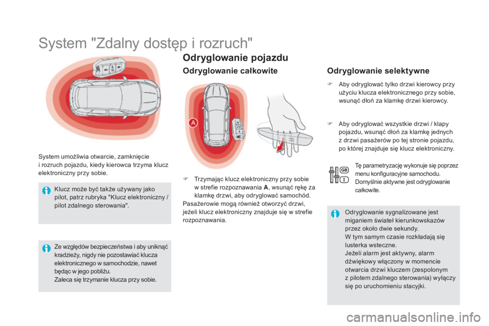 CITROEN DS5 2015  Instrukcja obsługi (in Polish) DS5_pl_Chap02_ouvertures_ed01-2015
Odryglowanie pojazdu
System "Zdalny dostęp i rozruch"
System umożliwia otwarcie, zamknięcie 
i  rozruch pojazdu, kiedy kierowca trzyma klucz 
elektroniczn