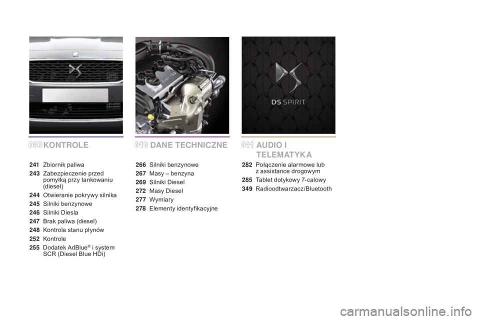 CITROEN DS5 2015  Instrukcja obsługi (in Polish) 0090100 11
DS5_pl_Chap00a_sommaire_ed01-2015
KONTROLEDANE TECHNICZNEAUDIO  I  
T E L E M AT Y K A
241 Zbiornik paliwa
243
 Z

abezpieczenie przed 
pomyłką przy tankowaniu 
(diesel)
244
 O

twieranie