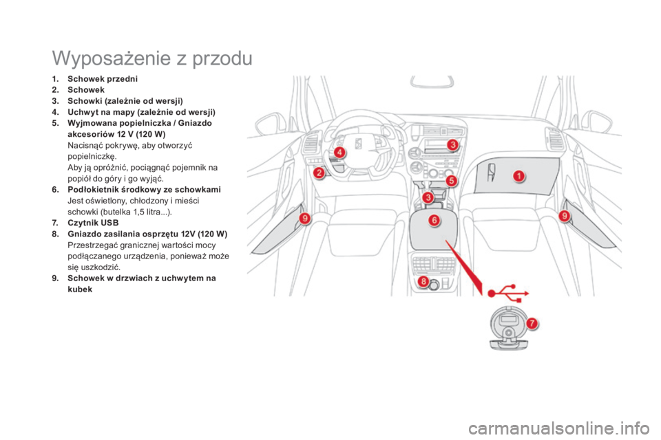 CITROEN DS5 2015  Instrukcja obsługi (in Polish) DS5_pl_Chap03_confort_ed01-2015
Wyposażenie z przodu
1. Schowek przedni
2. Schowek
3.
 S

chowki (zależnie od wersji)
4.
 U

chw yt na mapy (zależnie od wersji)
5.
 W

yjmowana popielniczka / Gniaz