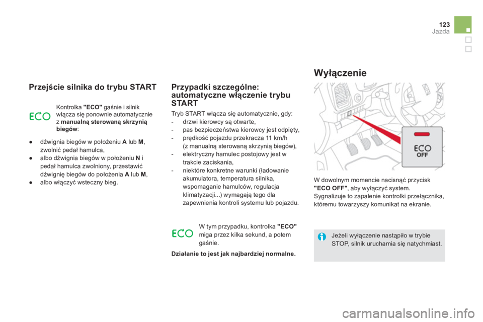 CITROEN DS5 2013  Instrukcja obsługi (in Polish) 123Jazda
   
Przejście silnika do trybu START
Kontrolka  "ECO" 
 gaśnie i silnik włącza się ponownie automatycznie zmanualną sterowaną skrzyniąbiegów:
 
 
 
● 
 dźwignia biegów w położe