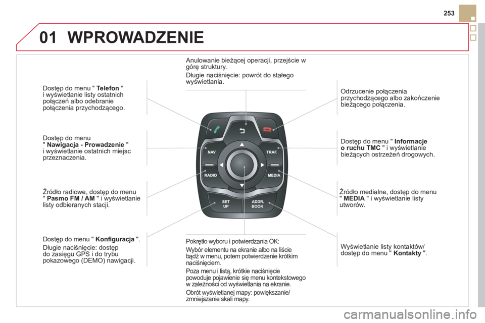 CITROEN DS5 2013  Instrukcja obsługi (in Polish) 01
253
Dost
ęp do menu "  Telefon 
" 
i wyświetlanie listy ostatnich
połączeń albo odebranie
po
łączenia przychodzącego.  
 
Dost
ęp do menu" Nawigacja - Prowadzenie 
 " 
i wyświetlanie osta