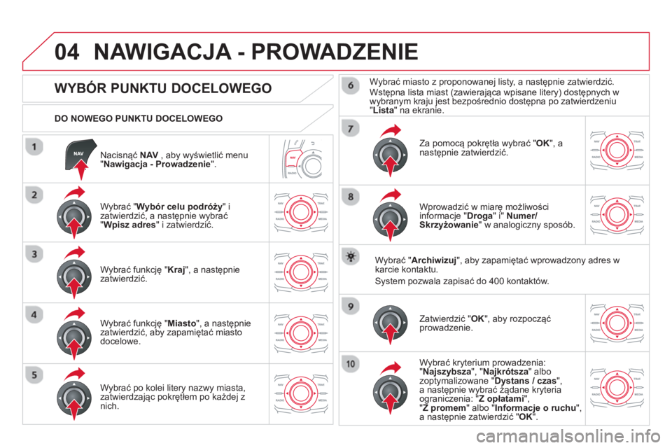 CITROEN DS5 2013 Instrukcja obsługi (in Polish) 04
Nacisnąć NAV, aby wyświetlić menu"Nawigacja - Prowadzenie".
DO NOWEGO PUNKTU DOCELOWEGO
NAWIGACJA - PROWADZENIE
WYBÓR PUNKTU DOCELOWEGO
Wybrać " Wybór CITROEN DS5 2013 Instrukcja obsługi (in Polish) 04
Nacisnąć NAV, aby wyświetlić menu"Nawigacja - Prowadzenie".
DO NOWEGO PUNKTU DOCELOWEGO
NAWIGACJA - PROWADZENIE
WYBÓR PUNKTU DOCELOWEGO
Wybrać " Wybór