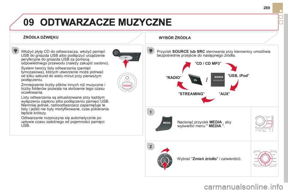CITROEN DS5 2013  Instrukcja obsługi (in Polish) 09
SRC/
289
   
 
ŹRÓDŁA DŹWIĘKU  
   
Włoż
y�ü płytę CD do odtwarzacza, włoży�ü pamięćUSB do gniazda USB albo podłączyć urządzenie peryferyjne do gniazda USB za pomocą odpowiednie
