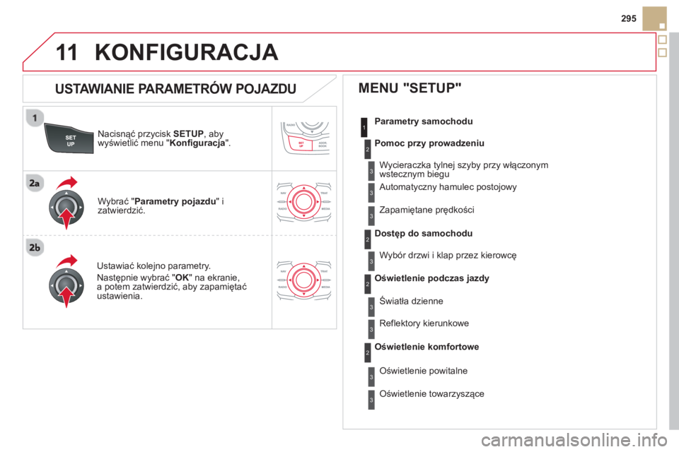 CITROEN DS5 2013  Instrukcja obsługi (in Polish) 11
295
Nacisnąć prz
ycisk SETUP 
, abywyświetlić menu " Konfiguracja".
Ustawiać kolejno parametry. 
Następnie w
ybrać "OK" na ekranie,a potem zatwierdzić, aby zapamiętać ustawienia.  
  W
yb