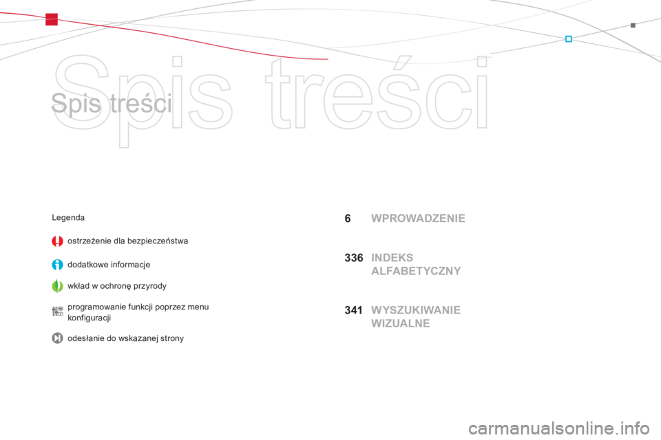 CITROEN DS5 2013  Instrukcja obsługi (in Polish)   Spis treści 
   
Spis treści  
6 WPROWADZENIE
33
6  INDEKS 
ALFABETYCZNY
34
1  WYSZUKIWANIE 
WIZUALNE
Legenda
ostrzeżenie dla bez
pieczeństwa
dodatkowe in
formacje  
wkład w ochronę prz
yrody 