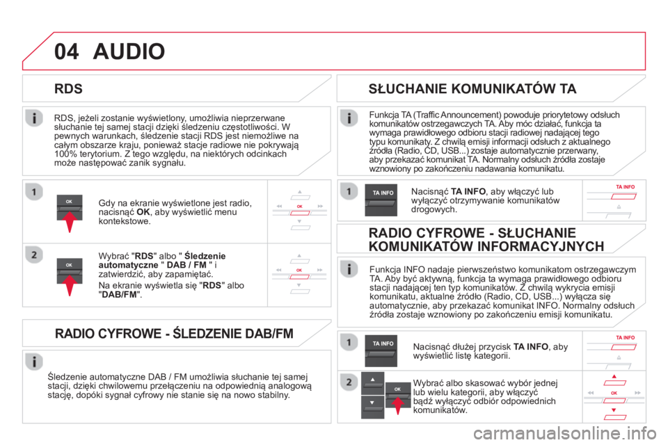 CITROEN DS5 2013  Instrukcja obsługi (in Polish) 04
   
RDS, jeżeli zostanie wyświetlony, umożliwia nieprzerwane słuchanie tej samej stacji dzięki śledzeniu częstotliwości. Wpewnych warunkach, śledzenie stacji RDS jest niemożliwe na całym