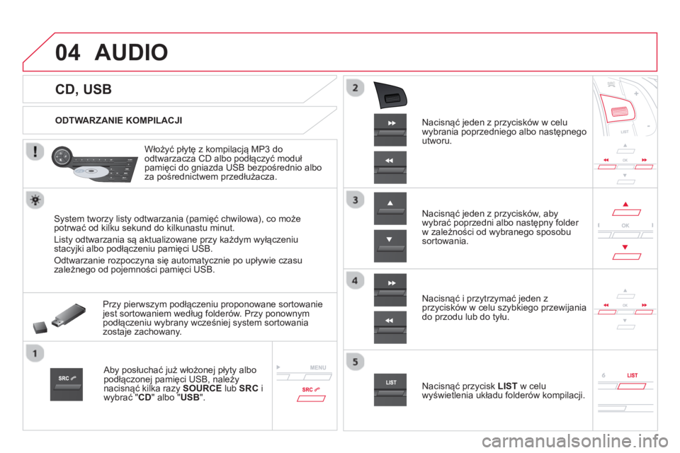 CITROEN DS5 2013  Instrukcja obsługi (in Polish) 04
   
 
 
 
 
 
 
 
 
 
 
 
CD, USB 
AUDIO 
 
 
ODTWARZANIE KOMPILACJI  
   
Włoż
y�ü płytę z kompilacją MP3 do 
odtwarzacza CD albo podłączyć moduł pamięci do gniazda USB bezpośrednio al