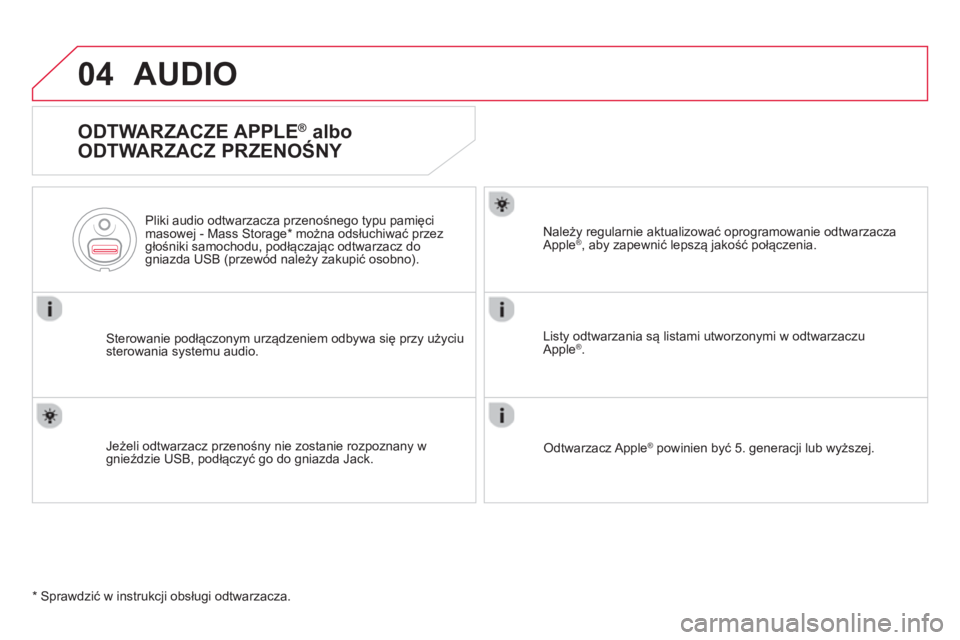 CITROEN DS5 2013  Instrukcja obsługi (in Polish) 04AUDIO 
   
ODTWARZACZE APPLE® albo 
ODTWARZACZ PRZENOŚNY 
Sterowanie podłączonym urządzeniem odbywa się przy użyciu 
sterowania systemu audio.      
Pliki audio odtwarzacza przenośne
go typu
