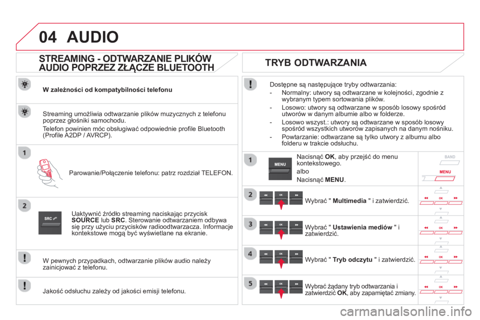 CITROEN DS5 2013  Instrukcja obsługi (in Polish) 04AUDIO 
   
 
 
 
 
 
STREAMING - ODTWARZANIE PLIKÓW 
AUDIO POPRZEZ ZŁĄCZE BLUETOOTH 
W zależności od kompatybilności telefonu  
Parowanie/Poł
ączenie telefonu: patrz rozdział TELEFON.  
Str