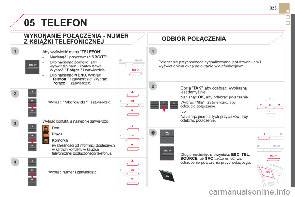 CITROEN DS5 2013  Instrukcja obsługi (in Polish)  
  
05
SRC
323
TELEFON 
   
Aby wyświetlić menu "TELEFON":
-  Nacisnąć i przytrzymać  SRC/TEL.
-  Lub nacisnąć pokrętło, aby wyświetlić menu kontekstowe. 
Wybrać "  Połącz" i zatwierdzi