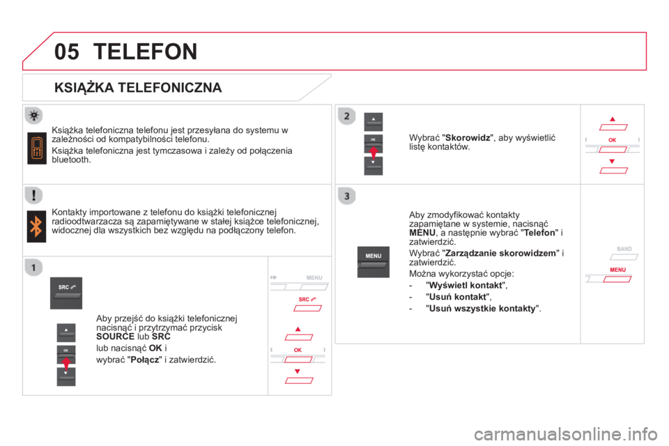 CITROEN DS5 2013  Instrukcja obsługi (in Polish)  
   
 
 
05TELEFON 
   
KSIĄŻKA TELEFONICZNA 
 
 
Książka telefoniczna telefonu jest przesyłana do systemu wzależności od kompatybilności telefonu. 
  Książka tele
foniczna jest tymczasowa 