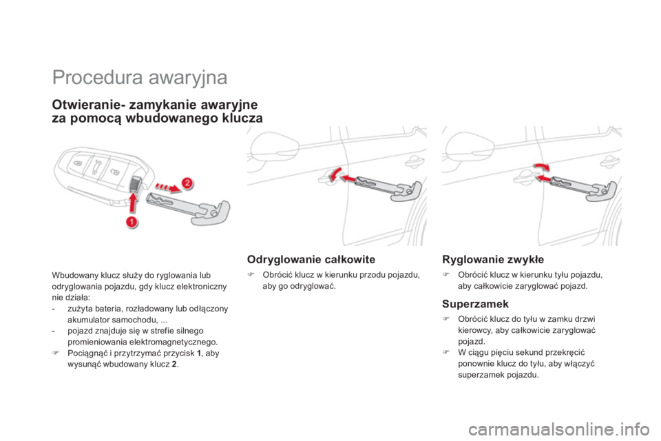 CITROEN DS5 2013  Instrukcja obsługi (in Polish)    
 
 
 
 
Procedura awaryjna 
Otwieranie- zamykanie awaryjne  
 
za pomocą w
budowanego klucza
Wbudowany klucz służy do ryglowania lubodryglowania pojazdu, gdy klucz elektronicznynie działa: 
- 