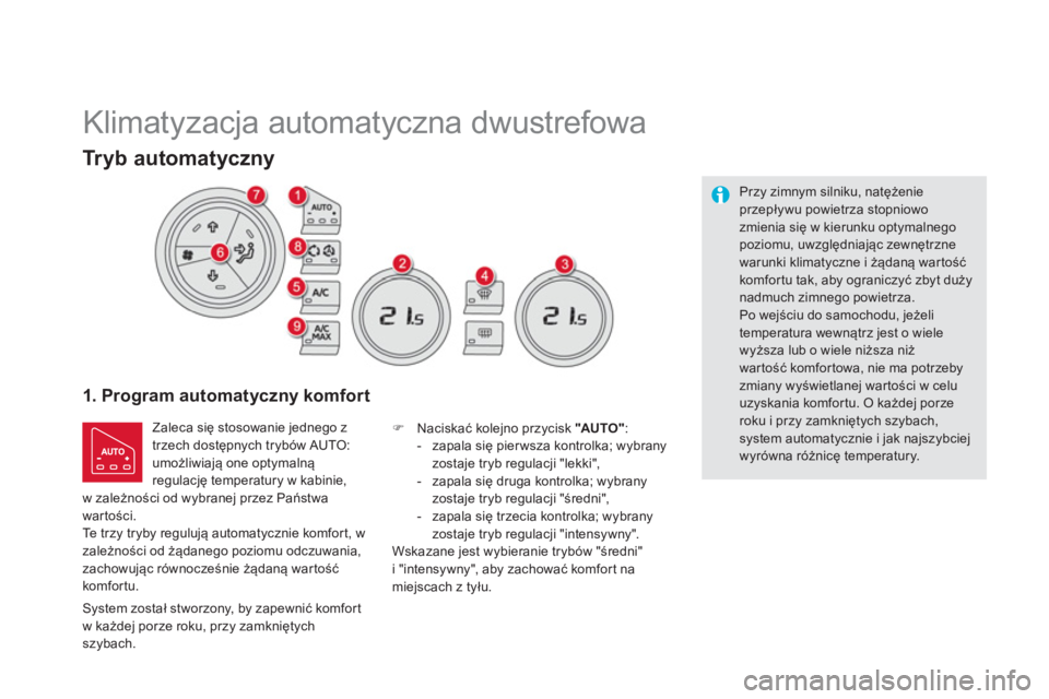 CITROEN DS5 2013  Instrukcja obsługi (in Polish)    
 
 
 
 
Klimatyzacja automatyczna dwustrefowa 
1. Program automatyczny komfort 
 Zaleca się stosowanie jednego z 
trzech dostępnych tryb