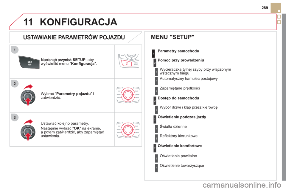 CITROEN DS5 2012 Instrukcja obsługi (in Polish) 1
2
3
11
289
SETUP , abywyświetlić menu " Konfiguracja".
Ustawiać kolejno parametry.
Nast
ępnie wybrać "OK" na ekranie,a potem zatwierdzić, aby zapamiętać ustawienia.
W
ybrać "Parametry CITROEN DS5 2012 Instrukcja obsługi (in Polish) 1
2
3
11
289
SETUP , abywyświetlić menu " Konfiguracja".
Ustawiać kolejno parametry.
Nast
ępnie wybrać "OK" na ekranie,a potem zatwierdzić, aby zapamiętać ustawienia.
W
ybrać "Parametry