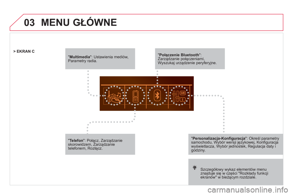 CITROEN DS5 2012  Instrukcja obsługi (in Polish) 03
   
" Multimedia 
": Ustawienia mediów, Parametry radia.
 
 Szczegółowy wykaz elementów menuznajduje się w części "Rozkłady funkcjiekranów" w bieżącym rozdziale. > EKRAN 
C   "Połączen