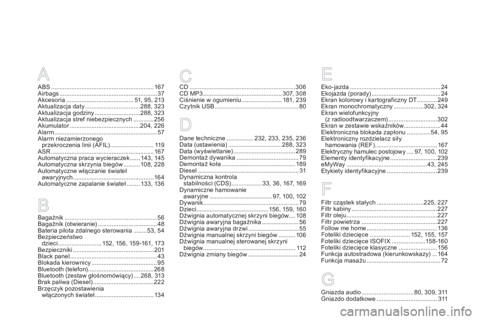 CITROEN DS5 2012  Instrukcja obsługi (in Polish) A
ABS.............................................................167Airbags..........................................................37Akcesoria........................................51, 95, 213Aktu