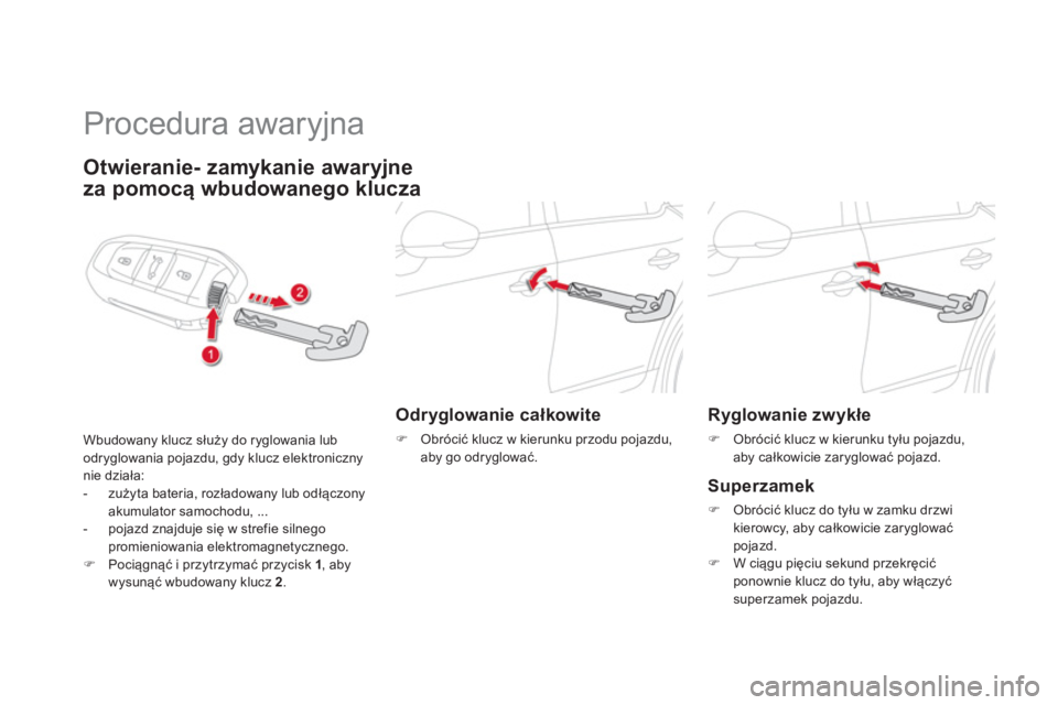 CITROEN DS5 2012  Instrukcja obsługi (in Polish)    
 
 
 
 
Procedura awaryjna 
Otwieranie- zamykanie awaryjne  
 
za pomocą w
budowanego klucza
Wbudowany klucz służy do ryglowania lubodryglowania pojazdu, gdy klucz elektronicznynie działa: 
- 