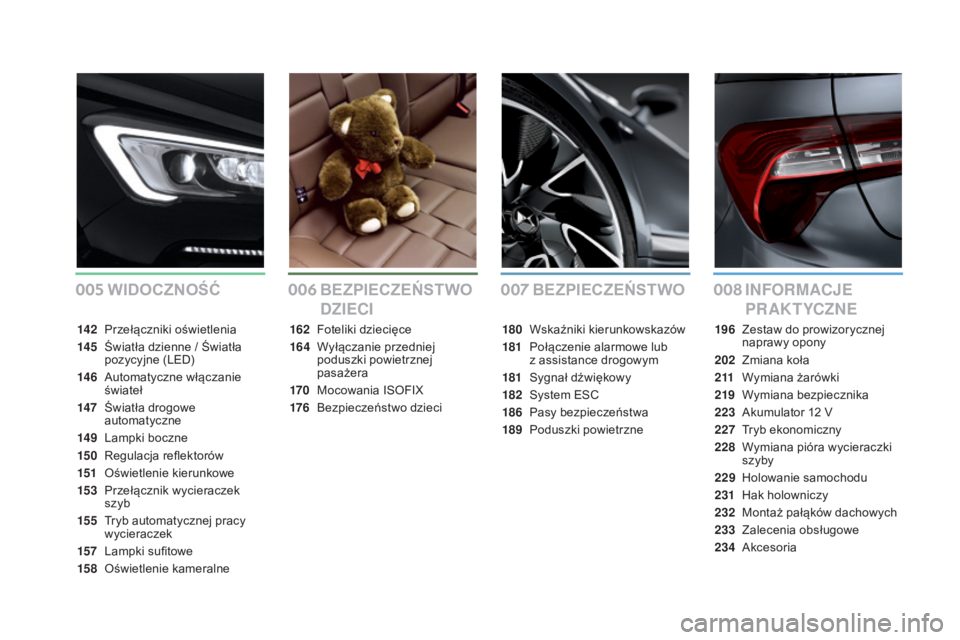 CITROEN DS5 HYBRID 2016 Instrukcja obsługi (in Polish) 005006007008
DS5_pl_Chap00a_sommaire_ed02-2015
BEZPIECZEŃSTWO INFORMACJE
PR AK T YCZNE
BEZPIECZEŃSTWO
DZIECI
WIDOCZNOŚĆ
142 Przełączniki oświetlenia
14 5
Ś
wiatła dzienne / Światła
poz CITROEN DS5 HYBRID 2016 Instrukcja obsługi (in Polish) 005006007008
DS5_pl_Chap00a_sommaire_ed02-2015
BEZPIECZEŃSTWO INFORMACJE
PR AK T YCZNE
BEZPIECZEŃSTWO
DZIECI
WIDOCZNOŚĆ
142 Przełączniki oświetlenia
14 5
Ś
wiatła dzienne / Światła
poz
