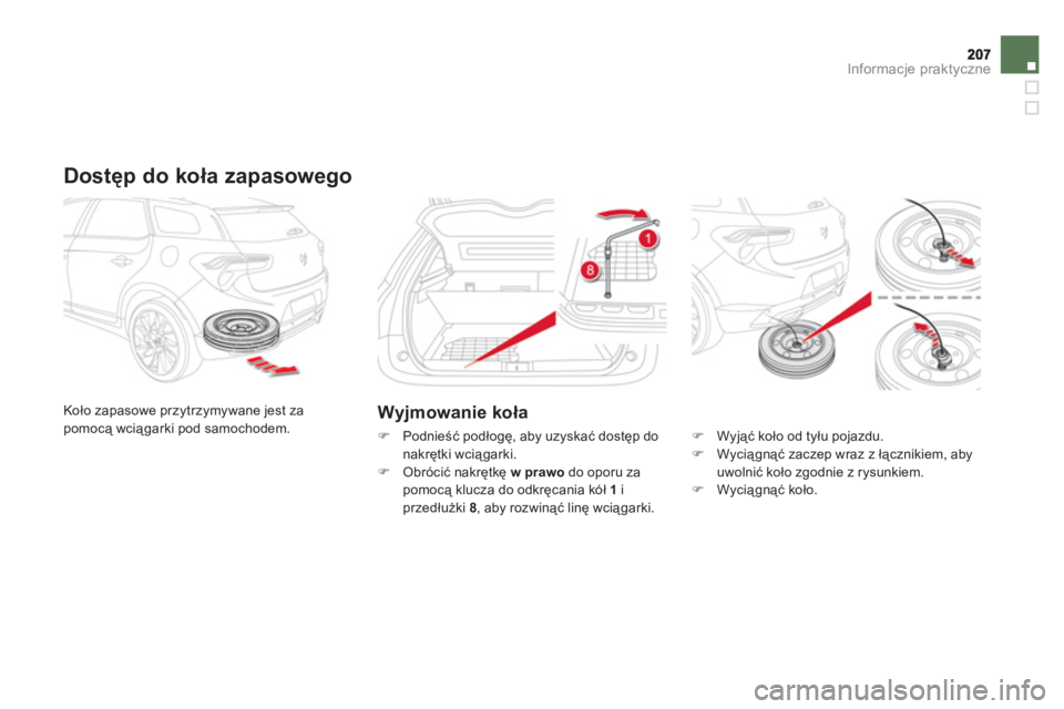 CITROEN DS5 HYBRID 2013  Instrukcja obsługi (in Polish) Informacje praktyczne
   
Dostęp do koła zapasowego 
 
Koło zapasowe przytrzymywane jest za pomocą wciągarki pod samochodem.Wyjmowanie koła
�) 
 Podnieść podłogę, aby uzyskać dostęp do
nak