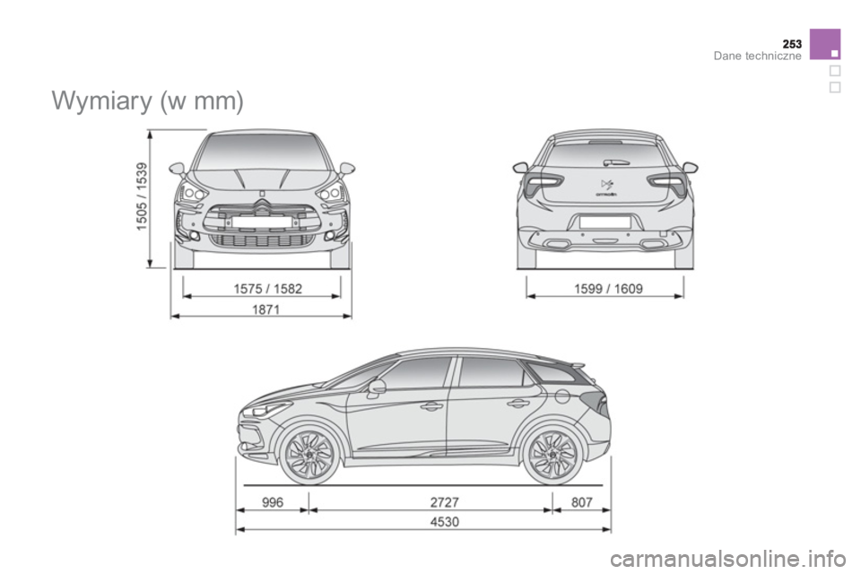 CITROEN DS5 HYBRID 2013  Instrukcja obsługi (in Polish) Dane techniczne
   
 
 
 
 
Wymiary (w mm)  