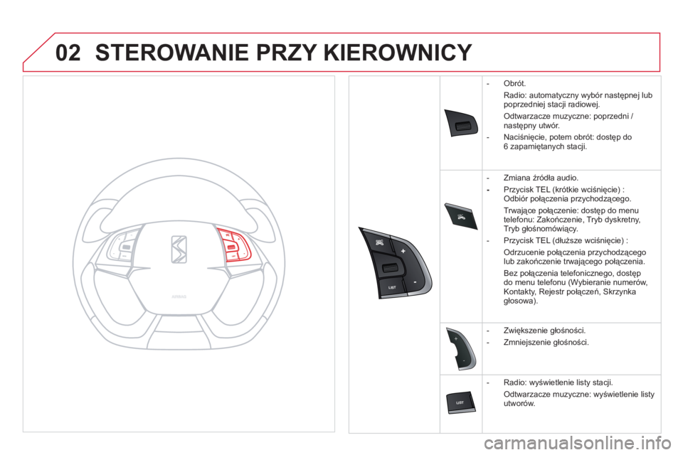 CITROEN DS5 HYBRID 2013 Instrukcja obsługi (in Polish) SRC
02
-
+
STEROWANIE PRZY KIEROWNICY
- Obrót.
Radio: automatyczny wybór następnej lub
poprzednie
j stacji radiowej.
Odtwarzacze muzyczne: po CITROEN DS5 HYBRID 2013 Instrukcja obsługi (in Polish) SRC
02
-
+
STEROWANIE PRZY KIEROWNICY
- Obrót.
Radio: automatyczny wybór następnej lub
poprzednie
j stacji radiowej.
Odtwarzacze muzyczne: po