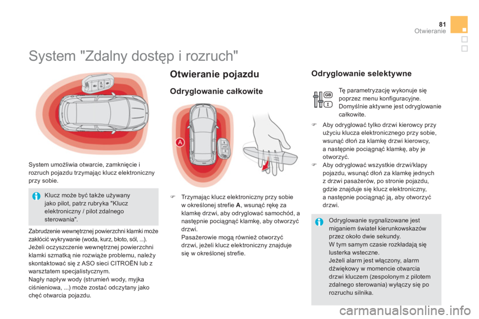 CITROEN DS5 HYBRID 2013  Instrukcja obsługi (in Polish) 81Otwieranie
Otwieranie pojazdu 
   
 
 
 
 
 
 
 
 
 
 
 
 
 
 
 
System "Zdalny dostęp i rozruch" 
 
 
System umożliwia otwarcie, zamknięcie i
rozruch pojazdu trzymając klucz elektroniczny
przy 