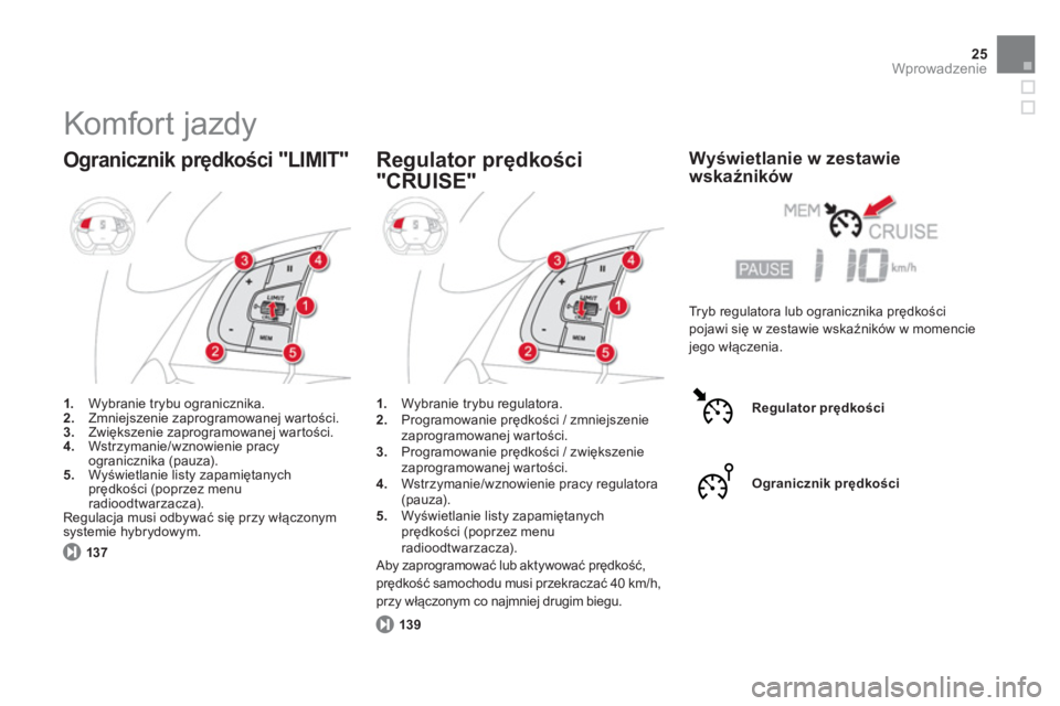 CITROEN DS5 HYBRID 2012  Instrukcja obsługi (in Polish) 25
Wprowadzenie
  Komfort jazdy 
 
 
Ogranicznik prędkości "LIMIT" 
1.  Wybranie trybu ogranicznika. 2.Zmniejszenie zaprogramowanej wartości.3. Zwiększenie zaprogramowanej wartości. 4. Wstrzymani