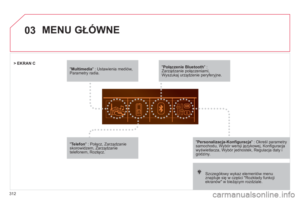 CITROEN DS5 HYBRID 2012  Instrukcja obsługi (in Polish) 312
03
"Multimedia  " : Ustawienia mediów, Parametry radia.
 
 Szczegółowy wykaz elementów menuznajduje się w części "Rozkłady funkcjiekranów" w bieżącym rozdziale.    
 
 
 
> EKRAN C  
"P