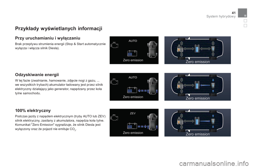 CITROEN DS5 HYBRID 2012  Instrukcja obsługi (in Polish) 41System hybrydowy
   
Przykłady wyświetlanych informacji 
 
 
Przy uruchamianiu i wyłączaniu 
 
Brak przepływu strumienia energii (Stop & Start automatycznie 
wyłącza i włącza silnik Diesla)