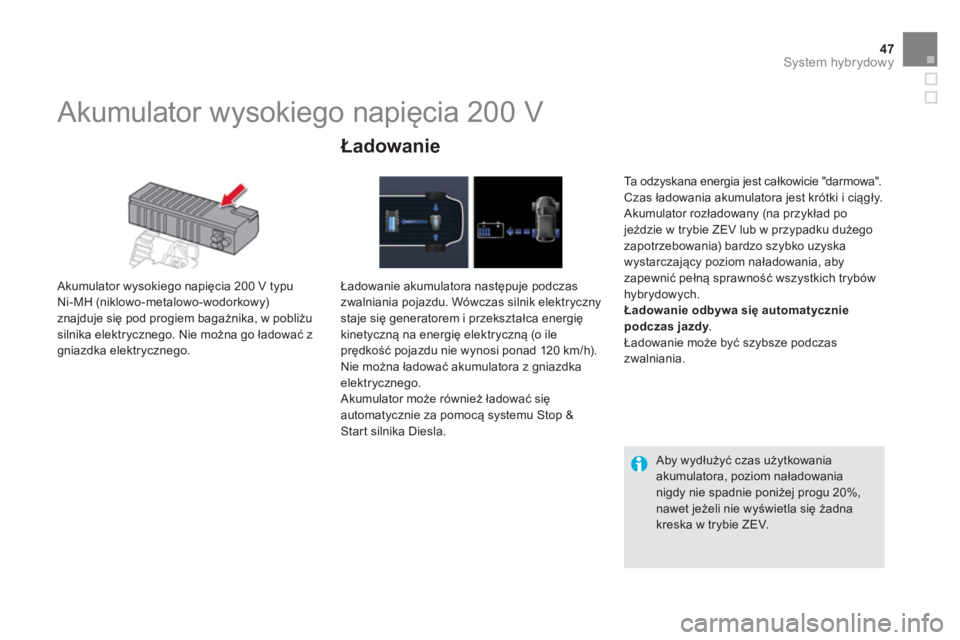 CITROEN DS5 HYBRID 2012  Instrukcja obsługi (in Polish) 47System hybrydowy
   
 
 
 
 
 
Akumulator wysokiego napięcia 200 V 
 
 Akumulator wysokiego napięcia 200 V typu
Ni-MH (niklowo-metalowo-wodorkowy)znajduje się pod progiem bagażnika, w pobliżusi