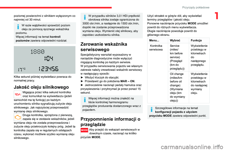 CITROEN JUMPER 2020 Instrukcja obsługi (in Polish) 11
Przyrządy pokładowe
1poziomej powierzchni z silnikiem wyłączonym co
najmniej od 30 minut.
W razie wątpliwości sprawdzić poziom
oleju za pomocą ręcznego wskaźnika
poziomu.
Więcej infor CITROEN JUMPER 2020 Instrukcja obsługi (in Polish) 11
Przyrządy pokładowe
1poziomej powierzchni z silnikiem wyłączonym co
najmniej od 30 minut.
W razie wątpliwości sprawdzić poziom
oleju za pomocą ręcznego wskaźnika
poziomu.
Więcej infor