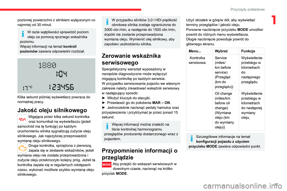 CITROEN JUMPER 2020  Instrukcja obsługi (in Polish) 11
Przyrządy pokładowe
1poziomej powierzchni z silnikiem wyłączonym co 
najmniej od 30 minut.
W razie wątpliwości sprawdzić poziom 
oleju za pomocą ręcznego wskaźnika 
poziomu.
Więcej infor