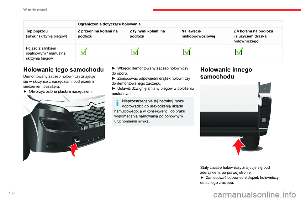 CITROEN JUMPER 2020 Instrukcja obsługi (in Polish) 130
W razie awarii
Ograniczenia dotyczące holowania
Typ pojazdu
(silnik / skrzynia biegów) Z przednimi kołami na
podłożu Z tylnymi kołami na
podłożu Na lawecie
niskopodwoziowej Z 4 kołami CITROEN JUMPER 2020 Instrukcja obsługi (in Polish) 130
W razie awarii
Ograniczenia dotyczące holowania
Typ pojazdu
(silnik / skrzynia biegów) Z przednimi kołami na
podłożu Z tylnymi kołami na
podłożu Na lawecie
niskopodwoziowej Z 4 kołami