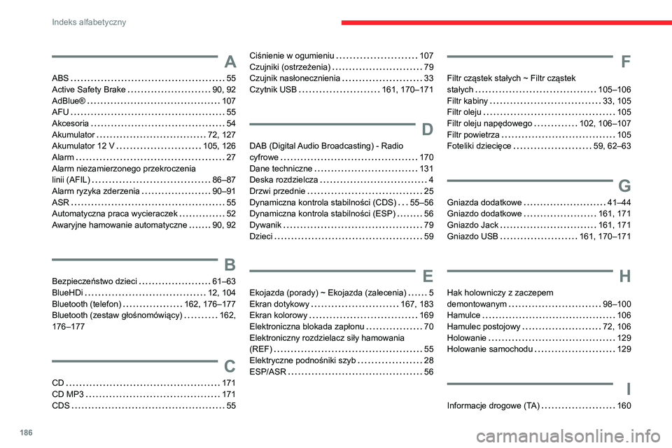 CITROEN JUMPER 2020  Instrukcja obsługi (in Polish) 186
Indeks alfabetyczny
A
ABS   55
Active Safety Brake    90, 92
AdBlue®    107
AFU    55
Akcesoria    54
Akumulator    72, 127
Akumulator 12 V    105, 126
Alarm    27
Alarm niezamierzonego przekrocz