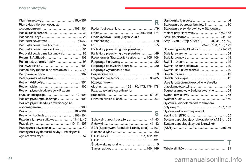 CITROEN JUMPER 2020  Instrukcja obsługi (in Polish) 188
Indeks alfabetyczny
Płyn hamulcowy    103–104
Płyn układu kierowniczego ze   
wspomaganiem     103–104
Podłokietnik przedni     30
Podnośniki szyb     28
Poduszki powietrzne    61–63
Po