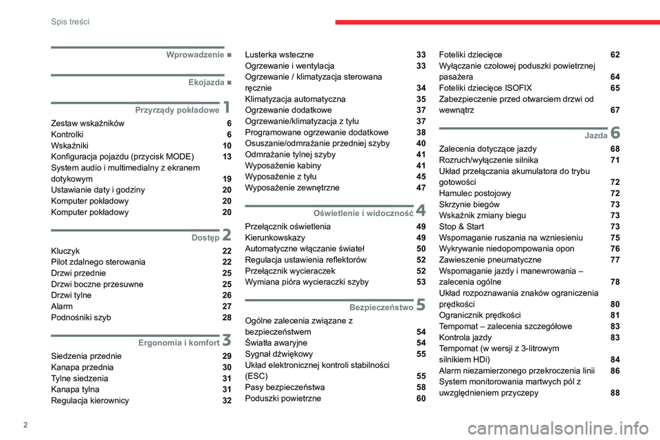 CITROEN JUMPER 2020  Instrukcja obsługi (in Polish) 2
Spis treści
 
 
 
 
 
   ■
Wprowadzenie
  ■
Ekojazda
 1Przyrządy pokładowe
Zestaw wskaźników  6
Kontrolki  6
Wskaźniki  10
Konfiguracja pojazdu (przycisk MODE) 
 13
System audio i mult