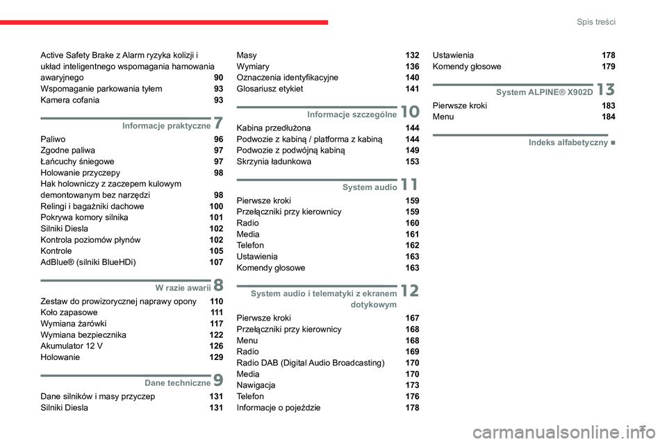 CITROEN JUMPER 2020  Instrukcja obsługi (in Polish) 3
Spis treści
Active Safety Brake z Alarm ryzyka kolizji i 
układ inteligentnego wspomagania hamowania 
awaryjnego 
 90
Wspomaganie parkowania tyłem  93
Kamera cofania  93
 7Informacje praktyczne
P