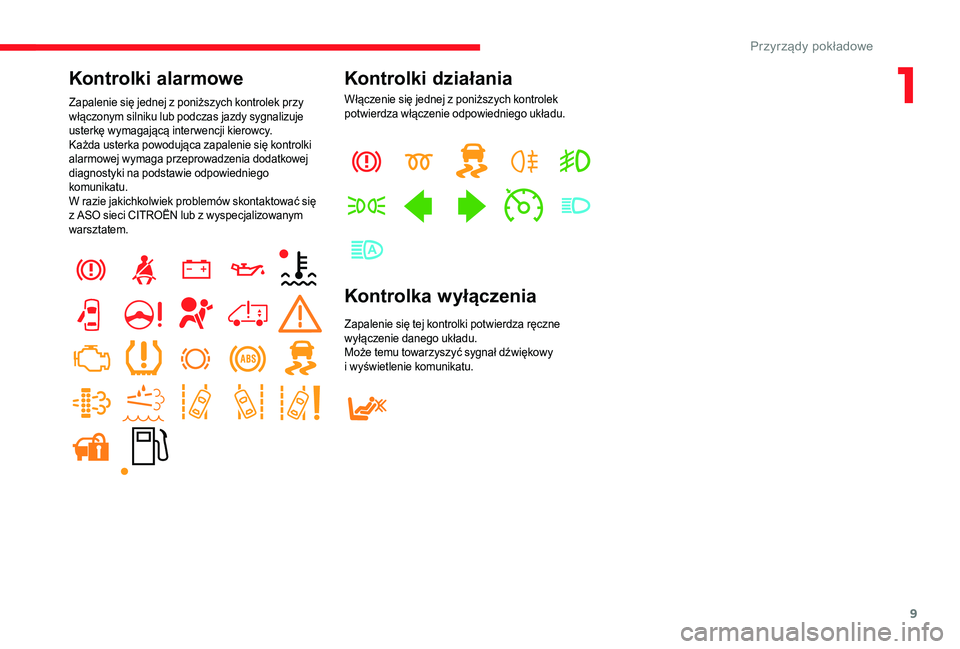 CITROEN JUMPER 2019  Instrukcja obsługi (in Polish) 9
Kontrolki alarmowe
Zapalenie się jednej z poniższych kontrolek przy 
w łączonym silniku lub podczas jazdy sygnalizuje 
usterkę wymagającą interwencji kierowcy.
Każda usterka powodująca zapa