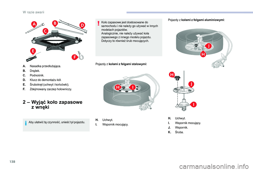 CITROEN JUMPER 2019 Instrukcja obsługi (in Polish) 138
A.Nasadka przedłużająca.
B. Drążek.
C. Podnośnik.
D. Klucz do demontażu kół.
E. Śrubokręt (uchwyt i
końcówki).
F. Zdejmowany zaczep holowniczy.
2 – Wyjąć koło zapasowe
z
wn
CITROEN JUMPER 2019 Instrukcja obsługi (in Polish) 138
A.Nasadka przedłużająca.
B. Drążek.
C. Podnośnik.
D. Klucz do demontażu kół.
E. Śrubokręt (uchwyt i
końcówki).
F. Zdejmowany zaczep holowniczy.
2 – Wyjąć koło zapasowe
z
wn