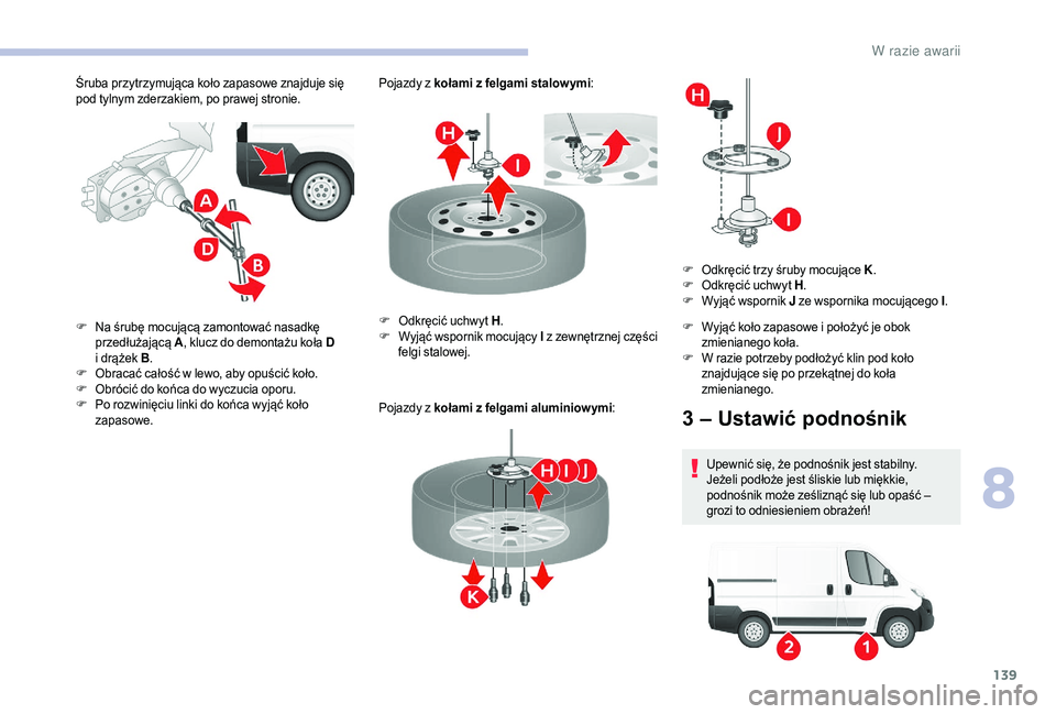 CITROEN JUMPER 2019  Instrukcja obsługi (in Polish) 139
Śruba przytrzymująca koło zapasowe znajduje się 
pod tylnym zderzakiem, po prawej stronie.Pojazdy z
  kołami z   felgami stalow ymi:
Pojazdy z   kołami z   felgami aluminiow ymi:
F
 N

a śr