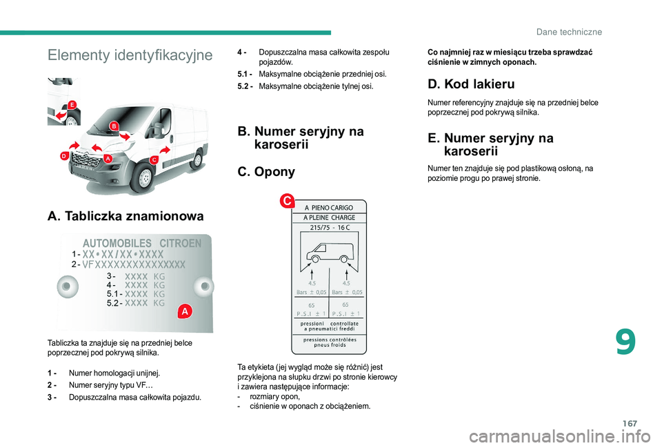 CITROEN JUMPER 2019  Instrukcja obsługi (in Polish) 167
Elementy identyfikacyjne
A. Tabliczka znamionowa
4 - Dopuszczalna masa całkowita zespołu 
poja zdów.
5.1 -  Maksymalne obciążenie przedniej osi.
5.2 -  Maksymalne obciążenie tylnej osi.
Tab