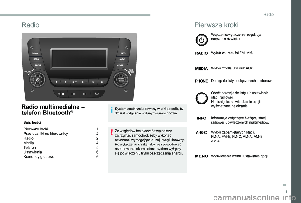 CITROEN JUMPER 2019  Instrukcja obsługi (in Polish) 1
Radio
Radio multimedialne – 
telefon Bluetooth®
Spis treści
Pier wsze kroki  1
P rzełączniki na kierownicy   2
R
adio   
2
M

edia   
4
T

elefon   
5
U

stawienia   
6
K

omendy głosowe   
6