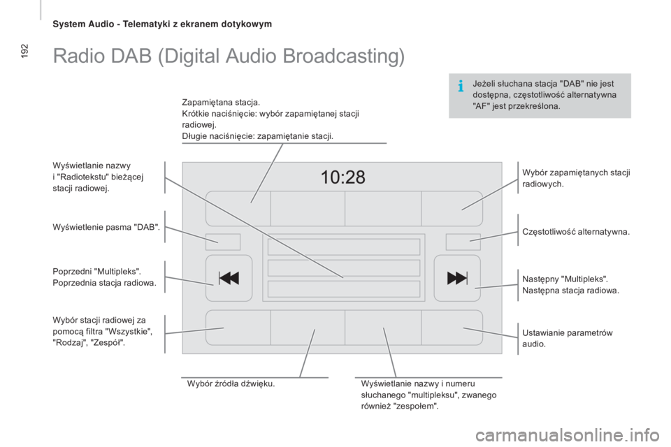 CITROEN JUMPER 2016 Instrukcja obsługi (in Polish) 192
jumper_pl_Chap10a_Autoradio-Fiat-tactile-1_ed01-2015
Jeżeli słuchana stacja "DAB" nie jest
dostępna, częstotliwość alternatywna
"AF" jest przekreślona.
Radio DAB (Digital CITROEN JUMPER 2016 Instrukcja obsługi (in Polish) 192
jumper_pl_Chap10a_Autoradio-Fiat-tactile-1_ed01-2015
Jeżeli słuchana stacja "DAB" nie jest
dostępna, częstotliwość alternatywna
"AF" jest przekreślona.
Radio DAB (Digital