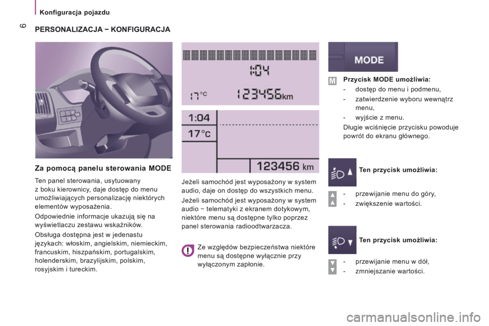 CITROEN JUMPER 2016  Instrukcja obsługi (in Polish)    Konfiguracja pojazdu   
 6
Jumper-post-it_pl_Chap04_Technologie-a-bord_ed01-2015
         PERSONALIZACJA − KONFIGURACJA 
  Za pomocą panelu sterowania MODE 
 Ten panel sterowania, usytuowany 
z 