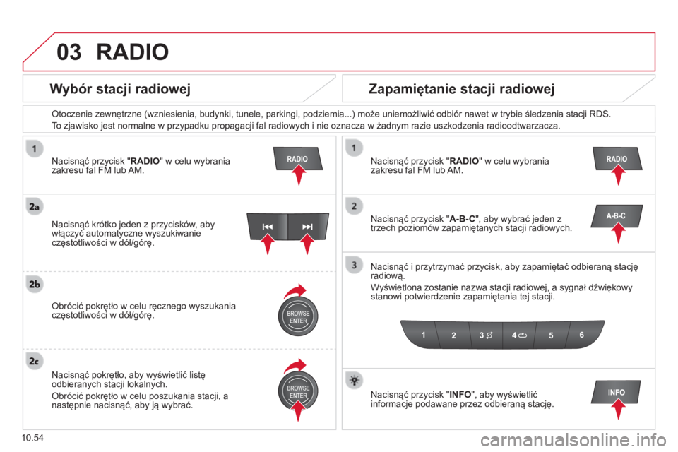CITROEN JUMPER 2015 Instrukcja obsługi (in Polish) 03
10.54
Nacisnąć przycisk "RADIO" w celu wybrania zakresu fal FM lub AM.
Otoczenie zewnętrzne (wzniesienia, budynki, tunele, parkingi, podziemia...) może uniemożliwić odbiór nawe CITROEN JUMPER 2015 Instrukcja obsługi (in Polish) 03
10.54
Nacisnąć przycisk "RADIO" w celu wybrania zakresu fal FM lub AM.
Otoczenie zewnętrzne (wzniesienia, budynki, tunele, parkingi, podziemia...) może uniemożliwić odbiór nawe