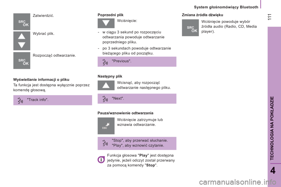 CITROEN JUMPER 2014  Instrukcja obsługi (in Polish) 111
System głośnomówiący Bluetooth
4
TECHNOLOGIA NA POKŁADZI
E
 
 
Wyświetlanie informacji o pliku    
Poprzedni plik 
  Zatwierdzić. 
   
Pauza/wznowienie odtwarzania    
Następny plik    
Zm